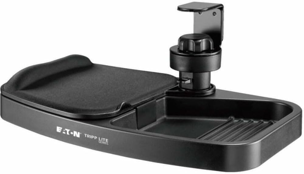 TRIPP LITE Under Desk Storage Tray Clamp-on Storage Tray w Mouse Pad, Wrist Rest - Office Desk Organizer 360 Swivel 5-Year Warranty (DMUDSC)