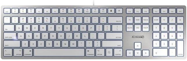 Cherry KC 6000 Slim for MAC, Wired Mac Keyboard with Number Pad, USB-A Connection, Whisper-Quiet Keys, Thin Design, SX Scissor Switches, QWERTY, Silver/White