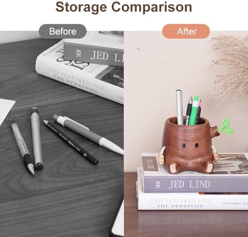 Stump Pen Holder – Cute Wooden Desk Organizer, Fairy Tale Tree Stump Pencil Cup for Stationery, Makeup Brushes, Dried Flowers, Solid Wood Desktop Decor Gift