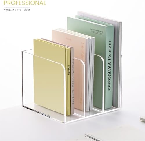 HeZone Acrylic Magazine File Holder,Clear File Organizer with 3 Compartment