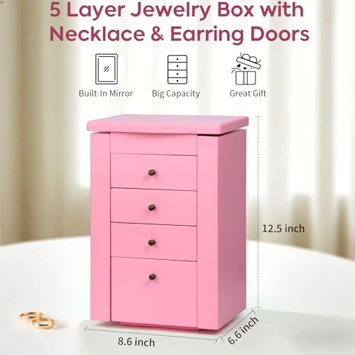Meangood Jewelry Box Jewelry Organizer, 5-Layer Wooden Jewelry Organizers and Storage Boxes for Women Girls, Ring Earring Bracelet Necklace Holder Organizer with Mirror & Drawers (Pink)