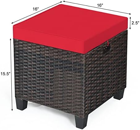ORALNER Set of 2 Outdoor Ottoman, 16" Wicker Footstools, All-Weather Rattan Cube Foot Stool w/Removable Cushions, Square Footrest Extra Seating for Patio, Porch, Deck, Easy Assembly (Red)