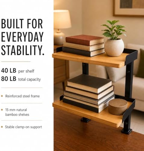 13" Clamp On Desk Shelf, 2-Tier Bamboo Desktop Organizer