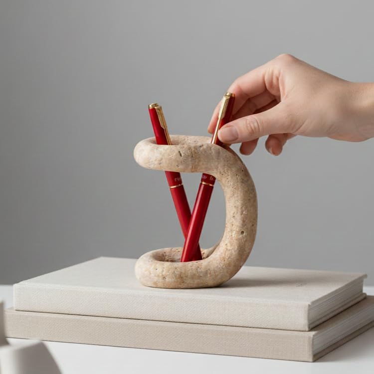 Marble Pen Holder for Desk, 4 Inch Travertine Pencil Holder
