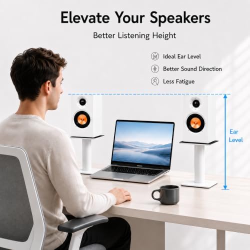 Desktop Speaker Stands Pair for 5-8 Inch Studio Monitors & Bookshelf Speakers, Heavy-Duty Steel desk Speaker Stands with Built-In Cable Management for Home Studio & Creator Setups, Support up to 55lbs