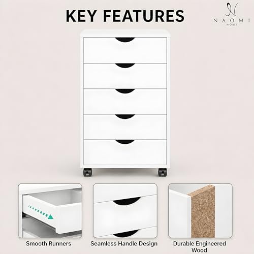 Naomi Home Under Desk Office File Cabinet with 5 Drawers, Rolling Storage Organizer with Lockable Wheels, Handle-Free Design & Spacious Top Surface, Compatible Cabinet for Home Office - White