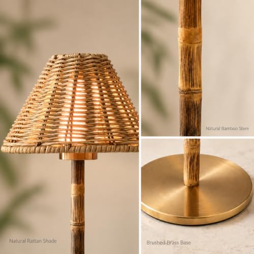 Bamboo Cordless LED Table Lamp – Rechargeable 24-Hour Battery, Dimmable Warm Light, Portable Wireless Lamp with Remote for Indoor/Outdoor Use, Home, Patio, Restaurant – (NATURAL RATTAN), 14.95" Tall