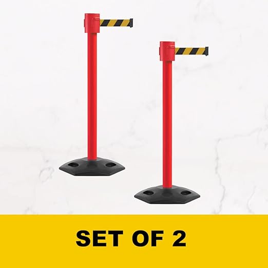 Montour Line MSR760 Set of 2 Retractable Belt Barrier Stanchion, Rubber Base, Red Post (35 ft Black with"Please Wait HERE" White Letters Belt)