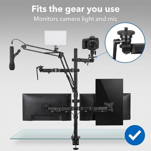 Mount-It! All in One Live Streaming Equipment - 5 Arm Desk Mount - Holds Dual Monitors, Cameras, Ring Light with Mic Desktop Stand Set, YouTube Setup for Podcasting, Gaming, Zoom, Clamp/Grommet Base