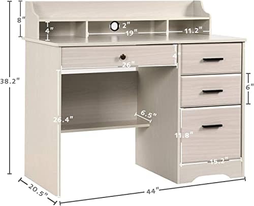 White Home Office Desk with 4 Drawers & Hutch, Computer Table for Bedroom, Off-White
