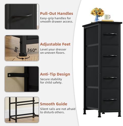 Somdot Narrow Dresser for Bedroom, 4 Drawer Storage Cabinet, Black