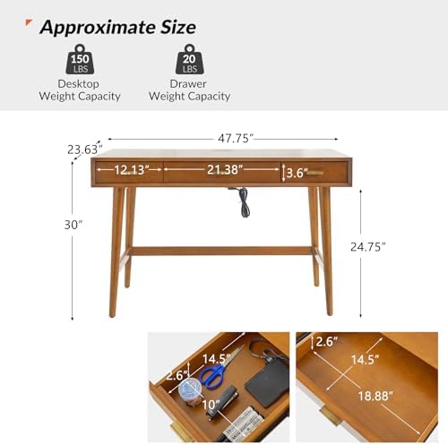 HULALA HOME 47" Writing Desk with 3 Drawers, Wood Office Desk with USB Charging Staion, Vintage Office Desk with Cable Management(Acorn)