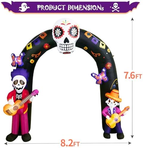 DomKom 8FT Halloween Inflatable Blow Up Decorations Archway, Day of the Dead Inflatable Arch, Dia De Los Muertos Yard Decorations, Sugar Skull Guitar Skeleton, Built‑in LED Lights, Outdoor Lawn Garden