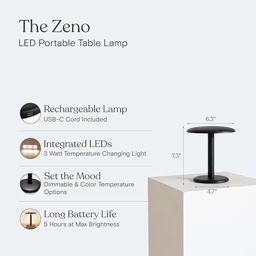 Brightech Zeno Cordless LED Table Lamp - Small 7.5in Touch Dimmable Bedroom, Side Table, End Table, Desk - Modern Rechargeable Portable Bedside, Living Room Light, Great for Outdoor, Camping - Black