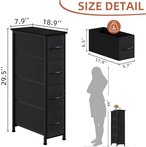Somdot Narrow Dresser for Bedroom, 4 Drawer Storage Cabinet, Black