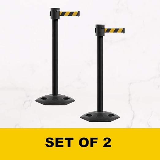 Montour Line MSR760 Set of 2 Retractable Belt Barrier Stanchion, Rubber Base, Black Powder Coated Post (35 ft Yellow with "Cleaning in Progress" Black Letters Belt)
