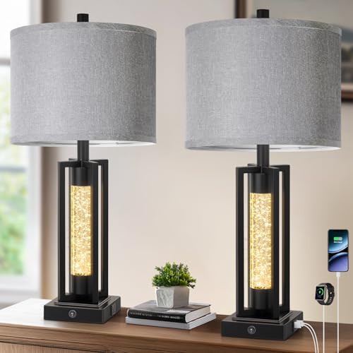 TOBUSA 26" Black Farmhouse Table Lamps Set of 2 with Crystal Night Light