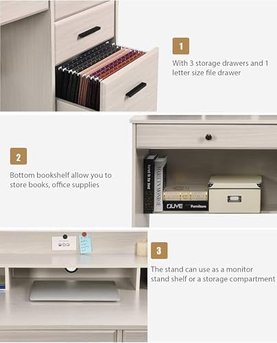 White Home Office Desk with 4 Drawers & Hutch, Computer Table for Bedroom, Off-White