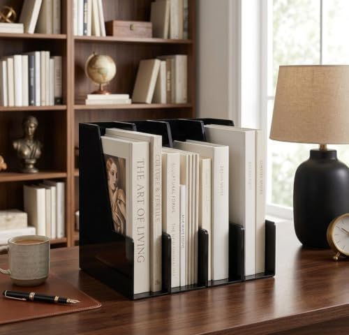 Vertical Magazine File Holder, Black File Organizer Desk Organizer and Storage Bins Holding for Magazines, Binders, Notebooks, Envelopes, Plastic Office Organization and Storage for Desk, 4 Pack