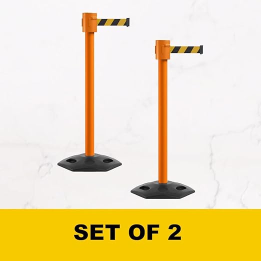 Montour Line MSR760 Set of 2 Retractable Belt Barrier Stanchion, Rubber Base, Orange Post (35 ft Maroon Belt)