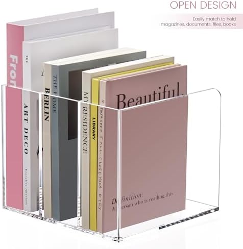 HeZone Acrylic Magazine File Holder,Clear File Organizer with 3 Compartment