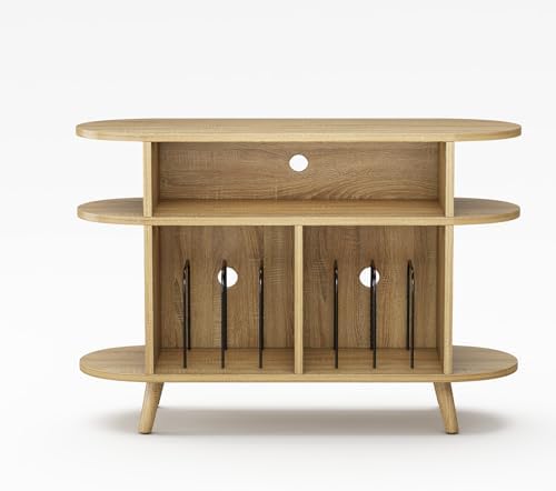LIVEHOM Large Round Record Player Stand, Wood Record Storage Cabinet, Vinyl Record Holder with Display Area, Mid Century Modern Turntable for Living Room, Bedroom (Nature)