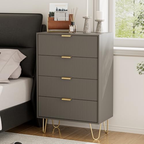 Masupu 4 Drawer Dresser, Drawer Chest, Tall Storage Dresser Chest Cabinet Organizer Unit with Gold Metal Legs, Nightstand for Bedroom, Living Room, Closet, Hallway Gray Stripe