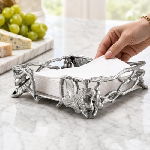 Arthur Court Grape Open Vine Napkin Holder - Durable Aluminum for Kitchen Countertops, Dining, and Outdoor Use - 7.25 inch Square