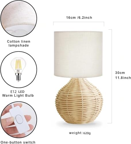 Rattan Table Lamp, Boho Farmhouse Style, Cotton Linen Lamp Shade, 6.2×6.2×11.8 Inch Small Table Lamp, with E12 LED Warm Light Bulb