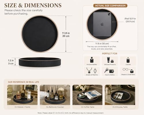 KINGFOM Round Decorative Tray for Coffee Table, PU Leather Valet Nightstand Desk Organizer for Men Women, Golden Trim Tray for Home Decor Living Room Dining Table, Perfume Trays Organizer Black