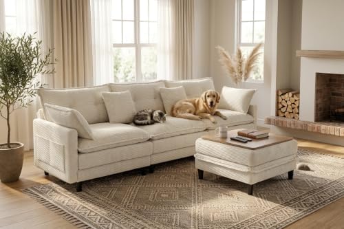 Corduroy Storage Ottoman Coffee Table for Modular Sectional Couch, Corduroy Footrest Extension with Hidden Storage, Modern Soft Cushioned Stool for Living Room, Cream