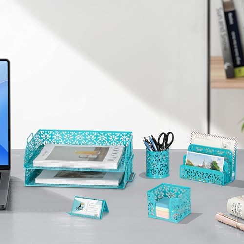 EasyPAG Desk Organizers and Accessories 5 Pieces Office Supplies Set - 2 Tier Paper Tray, Pencil Organizer for Desk, Mail Sorter Countertop, Business Card Holder and Sticky Note Holder, Dark Teal