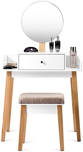 GIANTEX Vanity Table Set with Height Adjustable Round Mirror, Makeup Mirrored Dressing Table with Cushioned Stool, Side Storage and Large Drawer, Gift Vanities for Women Girls Bedroom (White)