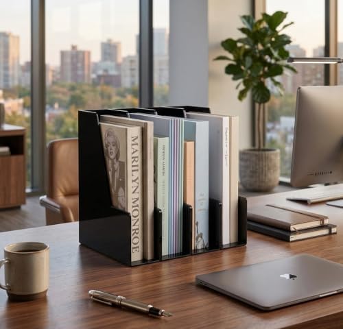 Vertical Magazine File Holder, Black File Organizer Desk Organizer and Storage Bins Holding for Magazines, Binders, Notebooks, Envelopes, Plastic Office Organization and Storage for Desk, 4 Pack