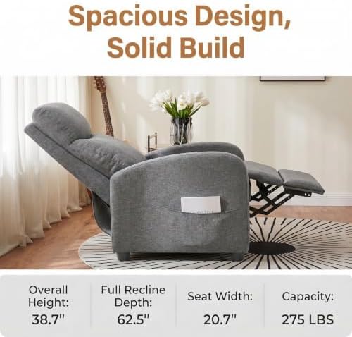 Manual Recliner Chair, Oversized Lazy Boy Reclining Sofa with Adjustable Backrest & Extended Footrest, Ergonomic Single Recliner Couch for Home Theater Seating, Living Room, Bedroom, Gray