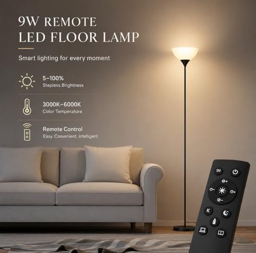 PESRAE Floor Lamp, Remote Control, Stepless Brightness & Color Temperature