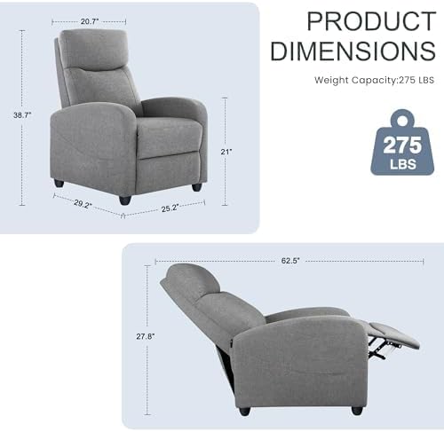 Manual Recliner Chair, Oversized Lazy Boy Reclining Sofa with Adjustable Backrest & Extended Footrest, Ergonomic Single Recliner Couch for Home Theater Seating, Living Room, Bedroom, Gray