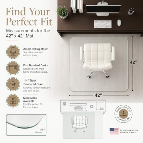 Tempered Glass Office Chair Mat for Carpet & Hardwood, 42" x 42", Clear