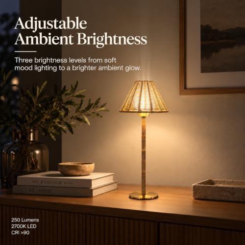 Bamboo Cordless LED Table Lamp – Rechargeable 24-Hour Battery, Dimmable Warm Light, Portable Wireless Lamp with Remote for Indoor/Outdoor Use, Home, Patio, Restaurant – (NATURAL RATTAN), 14.95" Tall