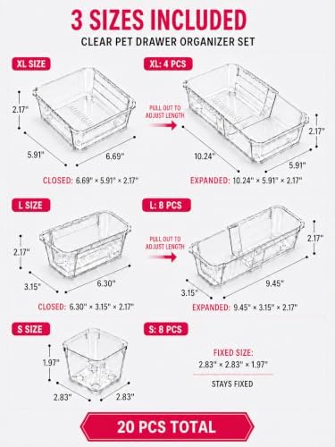 20 PCS Adjustable Expandable Clear Plastic Drawer Organizers 3-Size Set