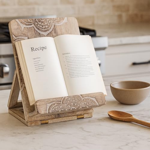 Wedding Gifts Mandala Wooden Cookbook Stand for Kitchen Counter Recipe Book Holder for Cooking, Solid Wood Chopping Board Style Foldable and Durable Recipe Holder for Tablets and Cookbooks