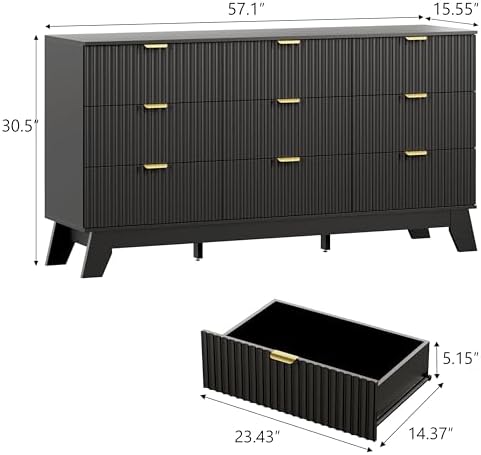 Wodeer 9 Drawer Fluted Dresser for Bedroom, Mid Century Modern Dresser with 9 Drawers, Dressers & Chests of Drawers with Metal Handle, TV Stand & Storage Organizer for Entryway, Hallway, Black