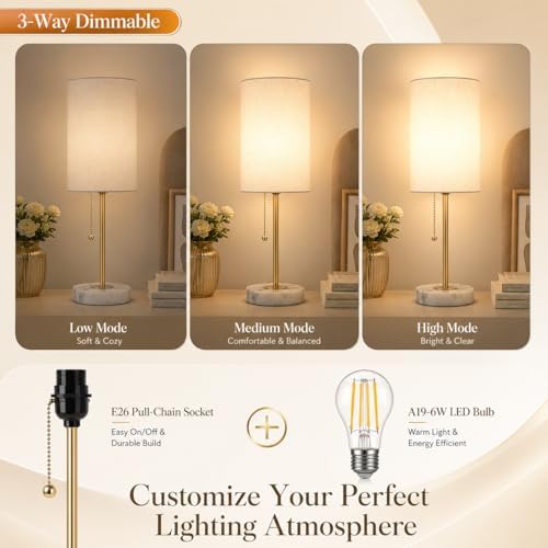JUNNAI Table Lamps Set of 2, Gold Bedside Lamps, 3 Way Dimmable Nightstand Lamps with Marble Base & Linen Shade &Pull Chain,18.5 Inches Tall Skinny Desk Lamps for Bedroom Living Room(Bulbs Included)