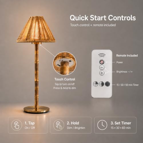 Bamboo Cordless LED Table Lamp – Rechargeable 24-Hour Battery, Dimmable Warm Light, Portable Wireless Lamp with Remote for Indoor/Outdoor Use, Home, Patio, Restaurant – (NATURAL RATTAN), 14.95" Tall