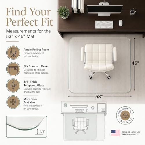 Tempered Glass Office Chair Mat for Carpet & Hardwood, 45" x 53", Clear