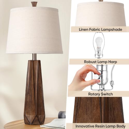 WIHTU 27" Wood Grain Resin Table Lamp Set of 2,Modern Beside Lamp for Decor