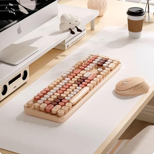 Wireless Keyboard and Mouse Combo, Retro Typewriter Style Keyboard with Round Keycaps, 2.4GHz Dropout-Free Connection Mouse with,Computer PC Desktops Laptop WindowsxP/7/8/10 (Brownish Tea Color)