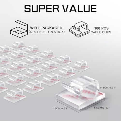 KGROTE 100PCS Cable Clips, Adhesive Wire Clips Strong Cord Clips Wire Holders, Cable Management Clips for Desk, Wall, Car, TV, Ethernet Cable (Clear, Small) (Pack of 3)