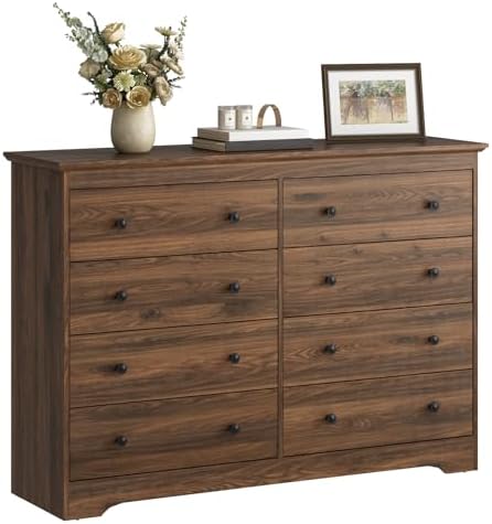 LYNSOM Modern 8 Drawer Dresser, 51.2" Wide Dressers & Chests of Drawers with Large Capacity Storage, Wood Mid Century Storage Dressers Organizer for Bedroom, Brown