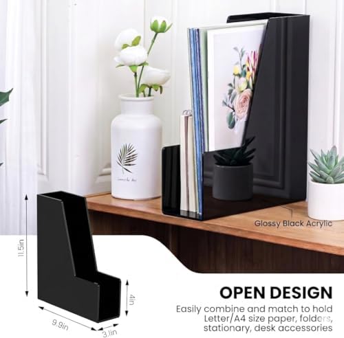 Vertical Magazine File Holder, Black File Organizer Desk Organizer and Storage Bins Holding for Magazines, Binders, Notebooks, Envelopes, Plastic Office Organization and Storage for Desk, 4 Pack